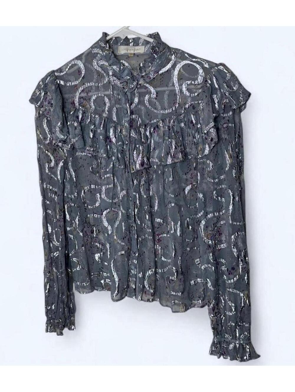 LoveShackFancy “Erica” Metallic Floral Sheer Ruffle Blouse Gray Silver Purple XS